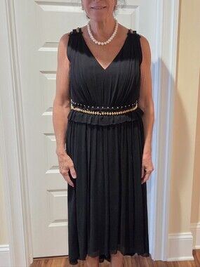 Elegant St. John Black Sleeveless Midi Dress with Gold Trim